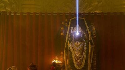 Ritual of Surya Tilak being performed on the idol of Ram Lalla on the occasion of Ram Navami, at the Ram Temple in Ayodhya on Wednesday. (PTI PHOTO) Ritual of Surya Tilak being performed on the idol of Ram Lalla on the occasion of Ram Navami, at the Ram Temple in Ayodhya on Wednesday. (PTI PHOTO)