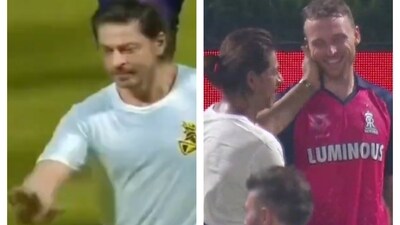 Shah Rukh Khan with Jos Buttler after KKR vs RR IPL 2024 match Shah Rukh Khan with Jos Buttler after KKR vs RR IPL 2024 match