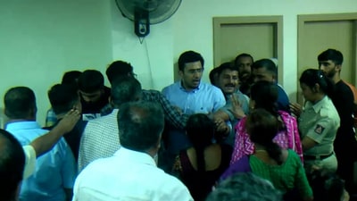 On April 13, Bengaluru South Bharatiya Janata Party MP Tejasvi Surya and his uncle, MLA LA Ravi Subramanya, representing Basavanagudi constituency, beat a hasty exit from a meeting with constituents after they were heckled by aggrieved depositors (@INCKarnataka/X)