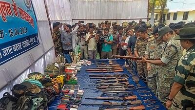 Security personnel check the weapons and other items recovered after an encounter in Kanker district on Tuesday (PTI) Security personnel check the weapons and other items recovered after an encounter in Kanker district on Tuesday (PTI)