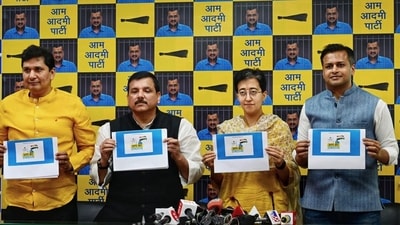 Senior leaders Sanjay Singh, Atishi, Saurabh Bharadwaj and Jasmine Shah presided over the launch of the website www.aapkaramrajya.com at the party headquarters. (Vipin Kumar/HT Photo) Senior leaders Sanjay Singh, Atishi, Saurabh Bharadwaj and Jasmine Shah presided over the launch of the website www.aapkaramrajya.com at the party headquarters. (Vipin Kumar/HT Photo)
