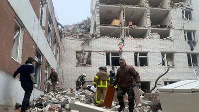 Ukrainian rescuers clear the rubble of a destroyed building following a missile attack in Chernigiv on April 17, 2024, amid the Russian invasion of Ukraine. (AFP) Ukrainian rescuers clear the rubble of a destroyed building following a missile attack in Chernigiv on April 17, 2024, amid the Russian invasion of Ukraine. (AFP)