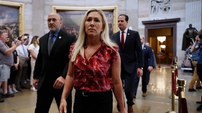 House Homeland Security Committee member Rep. Marjorie Taylor Greene (R-GA),their fellow Republican impeachment managers walk back through the U.S. Capitol Rotunda after transmitting articles of impeachment against Homeland Security Secretary Alejandro Mayorkas to the Senate on April 16, 2024 in Washington, DC. (Photo by CHIP SOMODEVILLA / GETTY IMAGES NORTH AMERICA / Getty Images via AFP) (Getty Images via AFP) House Homeland Security Committee member Rep. Marjorie Taylor Greene (R-GA),their fellow Republican impeachment managers walk back through the U.S. Capitol Rotunda after transmitting articles of impeachment against Homeland Security Secretary Alejandro Mayorkas to the Senate on April 16, 2024 in Washington, DC. (Photo by CHIP SOMODEVILLA / GETTY IMAGES NORTH AMERICA / Getty Images via AFP) (Getty Images via AFP)