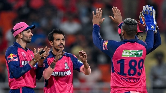 Rajasthan Royals' Yuzvendra Chahal (2L) celebrates with teammates (AFP)