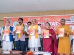 Manipur Chief Minister N. Biren Singh and Bharatiya Janata Party (BJP) leaders release the party election manifesto. (N Biren Singh's X account)