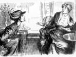 An illustration from Punch magazine dated July 29, 1914, depicting Glossomany, a "science" that was thought to correlate people's characters by the shape and size of their tongues. The above candidate for the position of parlour-maid is in the act of responding to an inquiry as to whether she is honest, industrious, good-tempered, truthful and obliging.