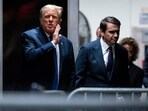 Former President Donald Trump speaks alongside attorney Todd Blanche as they return from a lunch break in his trial at Manhattan criminal court in New York on Thursday, April 18, 2024.  (Jabin Botsford/The Washington Post via AP, Pool)