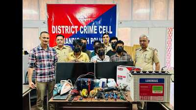 A cache of sharp-edged weapons, iron rods, cutters and blades were recovered from their possession, said Chandigarh Police. (HT Photo)