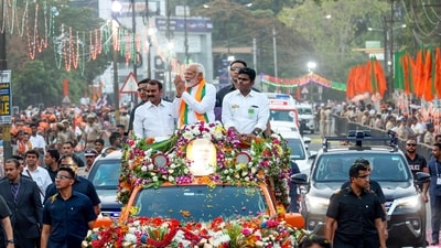 Coimbatore, Mar 18 (ANI): Prime Minister Narendra Modi holds a roadshow in Coimbatore on Monday. Tamil Nadu BJP chief K. Annamalai and Union Minister L. Murugan are seen. (ANI Photo) (Narendra Modi Twitter) Coimbatore, Mar 18 (ANI): Prime Minister Narendra Modi holds a roadshow in Coimbatore on Monday. Tamil Nadu BJP chief K. Annamalai and Union Minister L. Murugan are seen. (ANI Photo) (Narendra Modi Twitter)
