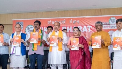 Manipur Chief Minister N. Biren Singh and Bharatiya Janata Party (BJP) leaders release the party election manifesto. (N Biren Singh's X account) Manipur Chief Minister N. Biren Singh and Bharatiya Janata Party (BJP) leaders release the party election manifesto. (N Biren Singh's X account)