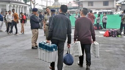 Polling officials after collecting EVMs and other election material on the eve of the first phase of Lok Sabha elections. (ECI's X account) Polling officials after collecting EVMs and other election material on the eve of the first phase of Lok Sabha elections. (ECI's X account)