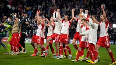 Bayern's players celebrate after the Champions League quarter-final second leg match (AP) Bayern's players celebrate after the Champions League quarter-final second leg match (AP)