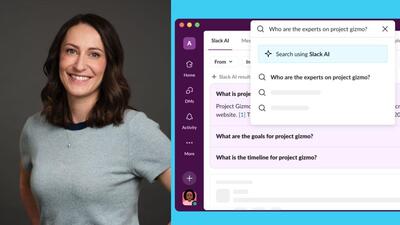 Jackie Rocca, Slack’s VP for product; (right) Slack AI’s personalised search results. (Official images) Jackie Rocca, Slack’s VP for product; (right) Slack AI’s personalised search results. (Official images)