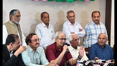 Members of “Haryana Banao Abhiyan” during a press conference at the Chandigarh Press Club on Thursday. (HT Photo)