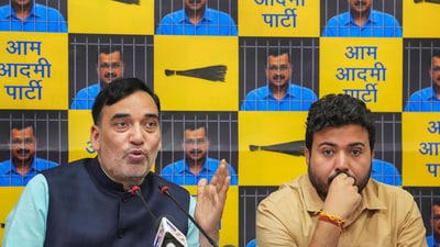 AAP leaders Gopal Rai and Durgesh Pathak address a press conference, in New Delhi (PTI) (PTI) AAP leaders Gopal Rai and Durgesh Pathak address a press conference, in New Delhi (PTI) (PTI)