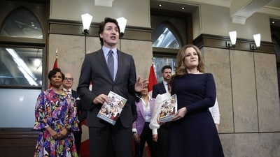 Justin Trudeau, Canada's prime minister, left, and Chrystia Freeland, Canada's deputy prime minister and finance minister, hold copies of the federal budget in Ottawa, Ontario, Canada, on Tuesday, April 16, 2024. (Bloomberg) Justin Trudeau, Canada's prime minister, left, and Chrystia Freeland, Canada's deputy prime minister and finance minister, hold copies of the federal budget in Ottawa, Ontario, Canada, on Tuesday, April 16, 2024. (Bloomberg)