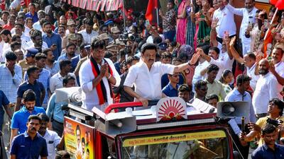 Tamil Nadu chief minister MK Stalin waves to the supporters during a roadshow organised in support of Dravida Munnetra Kazhagam (DMK) candidate from Chennai North constituency, Kalanidhi Veeraswamy ahead of the Lok Sabha polls at Kolathur in Chennai on Tuesday. (ANI) Tamil Nadu chief minister MK Stalin waves to the supporters during a roadshow organised in support of Dravida Munnetra Kazhagam (DMK) candidate from Chennai North constituency, Kalanidhi Veeraswamy ahead of the Lok Sabha polls at Kolathur in Chennai on Tuesday. (ANI)