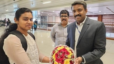 The external affairs ministry said Indian deck cadet Ann Tessa Joseph from Thrissur, Kerala, a member of the crew on vessel MSC Aries returned home today. (X/MEAIndia) The external affairs ministry said Indian deck cadet Ann Tessa Joseph from Thrissur, Kerala, a member of the crew on vessel MSC Aries returned home today. (X/MEAIndia)