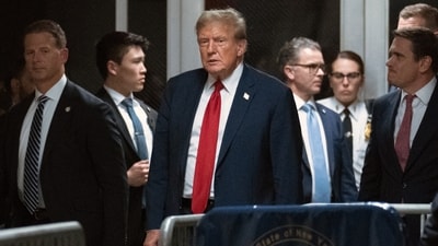 Former President Donald Trump exits Manhattan criminal court in New York, Monday, April 15, 2024.(Jeenah Moon/Pool Photo via AP) (AP) Former President Donald Trump exits Manhattan criminal court in New York, Monday, April 15, 2024.(Jeenah Moon/Pool Photo via AP) (AP)