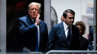 Former President Donald Trump speaks alongside attorney Todd Blanche as they return from a lunch break in his trial at Manhattan criminal court in New York on Thursday, April 18, 2024. (Jabin Botsford/The Washington Post via AP, Pool) (AP) Former President Donald Trump speaks alongside attorney Todd Blanche as they return from a lunch break in his trial at Manhattan criminal court in New York on Thursday, April 18, 2024. (Jabin Botsford/The Washington Post via AP, Pool) (AP)