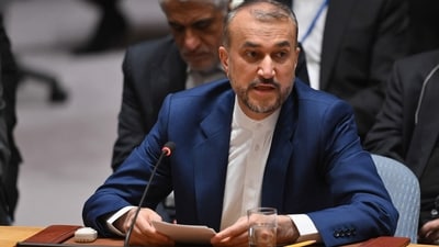 Iran's Foreign Minister Hossein Amir-Abdollahian speaks during a UN Security Council meeting on the situation in the Middle East, including the Palestinian question, at UN headquarters in New York City. (AFP) Iran's Foreign Minister Hossein Amir-Abdollahian speaks during a UN Security Council meeting on the situation in the Middle East, including the Palestinian question, at UN headquarters in New York City. (AFP)