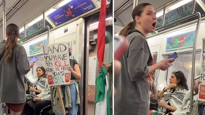 Anti-Israeli protesters terrified Jewish riders with antisemitic slogans on an NYC subway (jews_of_ny/Instagram) Anti-Israeli protesters terrified Jewish riders with antisemitic slogans on an NYC subway (jews_of_ny/Instagram)