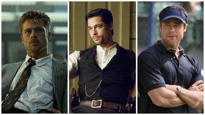 Brad Pitt in stills from Se7en, The Assassination of Jesse James by the Coward Robert Ford and Moneyball.