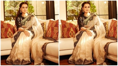On Thursday, Dia gave her fans a weekend surprise as she took to Instagram and uploaded a series of stunning pictures accompanied by the caption "Inside / Outside". In the post, she can be seen looking like an elegant princess in an ivory saree, exuding chic vibes. (Instagram/@diamirzaofficial) On Thursday, Dia gave her fans a weekend surprise as she took to Instagram and uploaded a series of stunning pictures accompanied by the caption "Inside / Outside". In the post, she can be seen looking like an elegant princess in an ivory saree, exuding chic vibes. (Instagram/@diamirzaofficial)