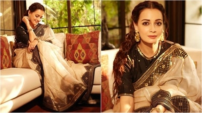 Dia Mirza is known for her mesmerising ethnic looks and sophisticated dressing sense. The actress' style mantra is simple: keep it minimal, elegant yet stylish. Whether it's a sartorial saree or a classy anarkali suit, Diya can pull off any look to perfection. Just a few days ago, she wowed her fans in a stylish green co-ord set and this time, she gave some stunning ethnic fashion inspiration for the wedding season, draped in six yards of grace. She is making her fans swoon with her undeniable beauty and incredible sense of style while we can't take our eyes off her. Let's decode her look and take some fashion notes. (Instagram/@diamirzaofficial) Dia Mirza is known for her mesmerising ethnic looks and sophisticated dressing sense. The actress' style mantra is simple: keep it minimal, elegant yet stylish. Whether it's a sartorial saree or a classy anarkali suit, Diya can pull off any look to perfection. Just a few days ago, she wowed her fans in a stylish green co-ord set and this time, she gave some stunning ethnic fashion inspiration for the wedding season, draped in six yards of grace. She is making her fans swoon with her undeniable beauty and incredible sense of style while we can't take our eyes off her. Let's decode her look and take some fashion notes. (Instagram/@diamirzaofficial)