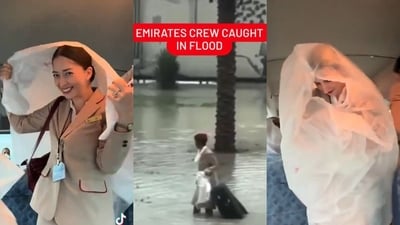Emirates cabin crew members brave the Dubai floods in viral videos. Original TikTok video by @farahalaiwi, posted on X/Twitter by @The_Lioness13 and @fl360aero. (X/Twitter) Emirates cabin crew members brave the Dubai floods in viral videos. Original TikTok video by @farahalaiwi, posted on X/Twitter by @The_Lioness13 and @fl360aero. (X/Twitter)
