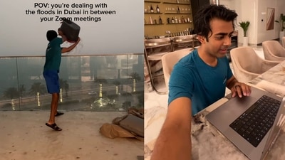 Akash Mehta clearing water from his balcony and attending Zoom meetings. (Instagram/@mehta_a) Akash Mehta clearing water from his balcony and attending Zoom meetings. (Instagram/@mehta_a)