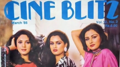 Poonam Dhillon was seen with actors Meenakshi Seshadri and Padmini Kolhapure on the cover of Cine Blitz magazine in 1986. She wore a pink outfit for the photoshoot. Poonam Dhillon was seen with actors Meenakshi Seshadri and Padmini Kolhapure on the cover of Cine Blitz magazine in 1986. She wore a pink outfit for the photoshoot.