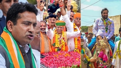 Congress candidate Rahul Kaswan, Union minister Arjun Ram Meghwal and former MP Hanuman Beniwal (L to R). (PTI) Congress candidate Rahul Kaswan, Union minister Arjun Ram Meghwal and former MP Hanuman Beniwal (L to R). (PTI)