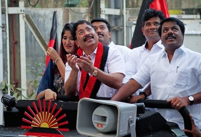 Central Chennai Parliamentary DMK candidate Dayanidhi Maran during his election campaign near Valluvar Kottam in Chennai. (ANI Photo)