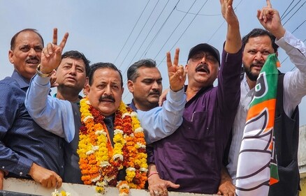 BJP candidate Jitendra Singh during a roadshow in Kathua district. (PTI)