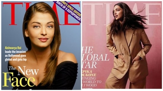 Aishwarya Rai on the cover of a 2003 issue of Time magazine; Deepika Padukone's Time cover from 2023.