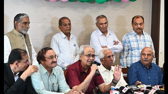 Members of “Haryana Banao Abhiyan” during a press conference at the Chandigarh Press Club on Thursday. (HT Photo)