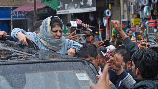 Peoples Democratic Party president and party candidate from Anantnag-Rajouri seat Mehbooba Mufti after filing her nomination papers for the Lok Sabha elections in Anantnag on Thursday. (Waseem Andrabi /Hindustan Times)