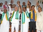 Vijayendra Yediyurappa along with HD Deve Gowda, B. S. Yediyurappa, HD Kumaraswamy, BS Bommai and others in Bengaluru. (ANI Photo)