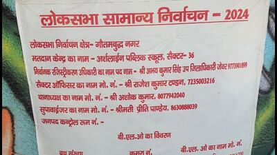 A hoarding was put up at the polling centre containing the details of polling booth numbers and officials concerned but the booth level officer’s number was misprinted, leaving voters clueless whom to contact for their queries. (HT Photo) A hoarding was put up at the polling centre containing the details of polling booth numbers and officials concerned but the booth level officer’s number was misprinted, leaving voters clueless whom to contact for their queries. (HT Photo)