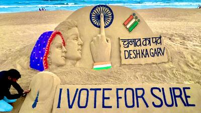 A sand sculpture in Puri on the 2024 general elections. (Sudarsan Pattnaik) A sand sculpture in Puri on the 2024 general elections. (Sudarsan Pattnaik)
