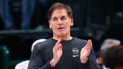Mark Cuban reacts during the game between the Golden State Warriors and Dallas Mavericks at American Airlines Center.