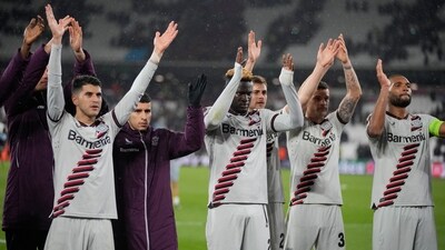 Leverkusen players celebrate after the Europa League quarterfinal second leg soccer match against West Ham (AP) Leverkusen players celebrate after the Europa League quarterfinal second leg soccer match against West Ham (AP)