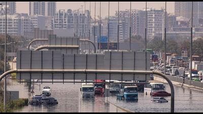 Dubai’s flooded Ras al Khor district on Friday. (Bloomberg) Dubai’s flooded Ras al Khor district on Friday. (Bloomberg)