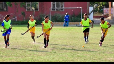 Hockey players in action during a practice match at Government Senior Secondary Smart School in Mundian Kalan, Ludhiana, on Friday. (Manish/HT) Hockey players in action during a practice match at Government Senior Secondary Smart School in Mundian Kalan, Ludhiana, on Friday. (Manish/HT)