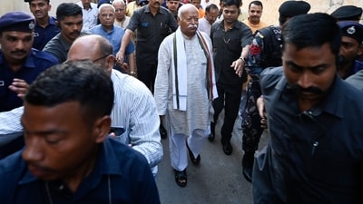 Chief of the Rashtriya Swayamsevak Sangh (RSS) Mohan Bhagwat arrives to cast his ballot at a polling station in the first phase of voting for the India's general election, in Nagpur, Maharashtra. (AFP) Chief of the Rashtriya Swayamsevak Sangh (RSS) Mohan Bhagwat arrives to cast his ballot at a polling station in the first phase of voting for the India's general election, in Nagpur, Maharashtra. (AFP)