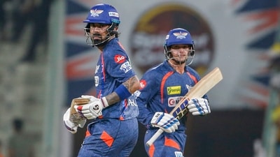 Lucknow Super Giants' captain KL Rahul, left, and his batting partner Quinton de Kock run between the wickets during the Indian Premier League cricket match between Chennai Super Kings and Lucknow Super Giants (AP) Lucknow Super Giants' captain KL Rahul, left, and his batting partner Quinton de Kock run between the wickets during the Indian Premier League cricket match between Chennai Super Kings and Lucknow Super Giants (AP)