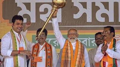 PM Narendra Modi with Tripura chief minister Manik Saha (to his right) and BJP candidate Biplab Kumar Deb (far left) during a public meeting ahead of the Lok Sabha elections in Agartala on Wednesday, April 17. (PTI) PM Narendra Modi with Tripura chief minister Manik Saha (to his right) and BJP candidate Biplab Kumar Deb (far left) during a public meeting ahead of the Lok Sabha elections in Agartala on Wednesday, April 17. (PTI)