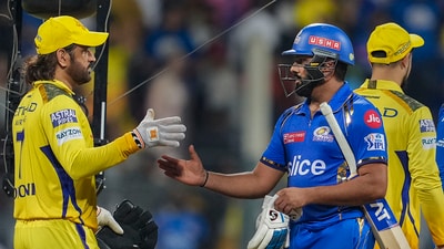 Chennai Super Kings player MS Dhoni and Mumbai Indians player Rohit Sharma greet each other at the end of the Indian Premier League (IPL) cricket match between Chennai Super Kings and Mumbai Indians, at Wankhede Stadium (PTI) Chennai Super Kings player MS Dhoni and Mumbai Indians player Rohit Sharma greet each other at the end of the Indian Premier League (IPL) cricket match between Chennai Super Kings and Mumbai Indians, at Wankhede Stadium (PTI)