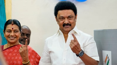 Tamil Nadu Chief Minister MK Stalin and his wife show their fingers marked with indelible ink after casting their votes for the first phase of Lok Sabha elections, at a polling station in Chennai. (PTI) Tamil Nadu Chief Minister MK Stalin and his wife show their fingers marked with indelible ink after casting their votes for the first phase of Lok Sabha elections, at a polling station in Chennai. (PTI)